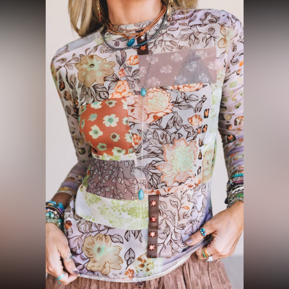 1140. Sheer long sleeve mixed floral patchwork top